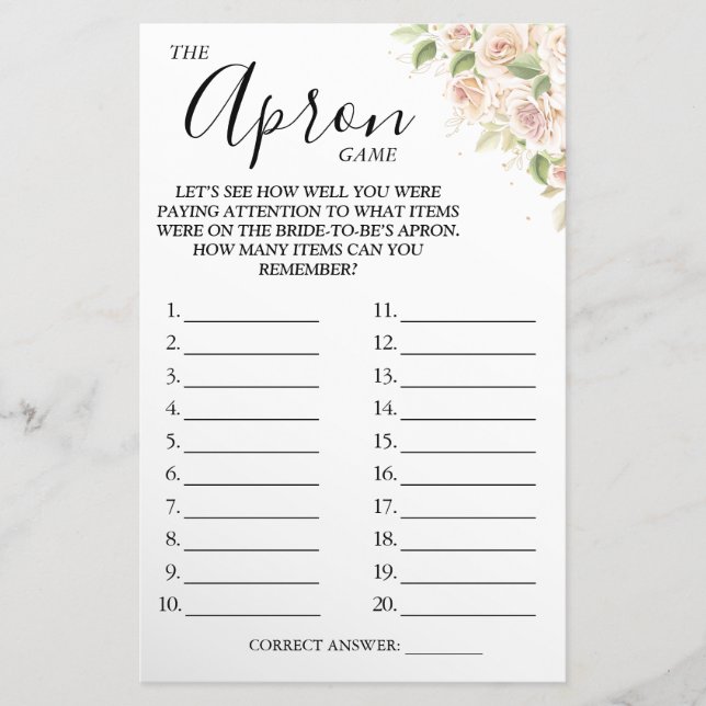 Floral The Apron Bridal shower game card  (Front)