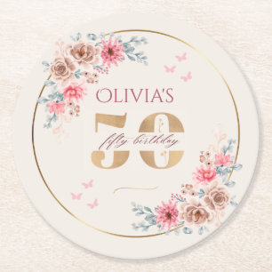 Floral Theme 50th Birthday Round Paper Coaster