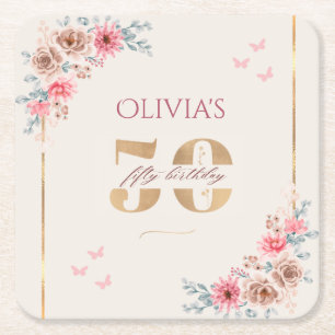 Floral Theme 50th Birthday Square Paper Coaster