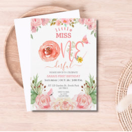 Floral Theme Girl First Birthday Invitation