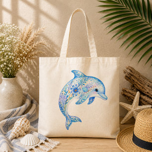Floral Theme Pottery Art dolphin Tote Bag