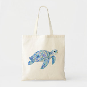 Floral Theme Pottery Art Sea Trutle Tote Bag