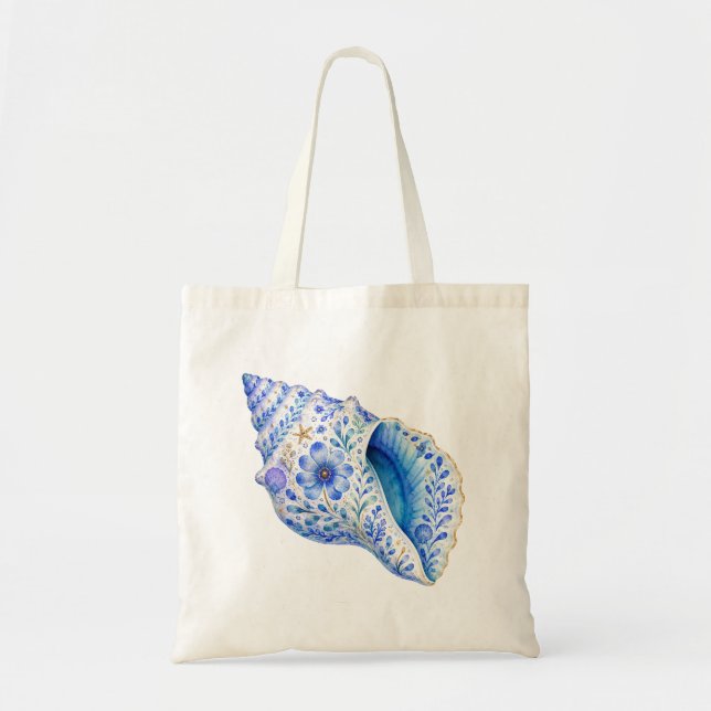 Floral Theme Pottery Art Seashell Tote Bag (Front)