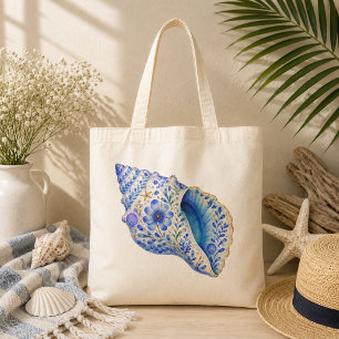 Floral Theme Pottery Art Seashell Tote Bag