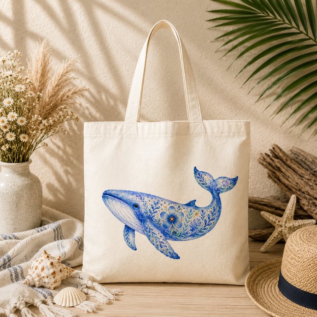 Floral Theme Pottery Blue Whale Tote Bag (Creator Uploaded)
