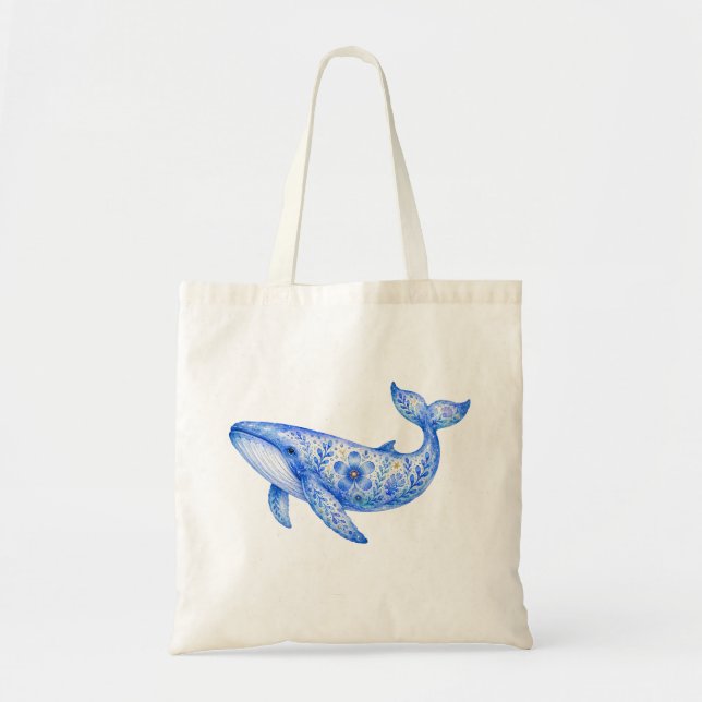 Floral Theme Pottery Blue Whale Tote Bag (Front)