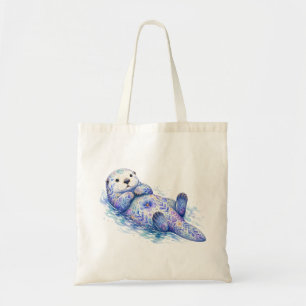 Floral Theme Pottery Sea Otter Tote Bag