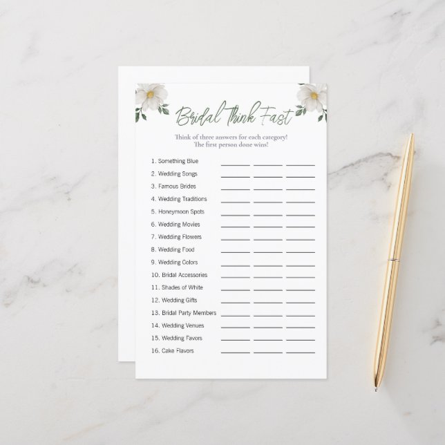 Floral "Think Fast" Bridal Shower Game (Front/Back In Situ)