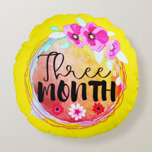 Floral Three Month Old Baby Milestone Label Round Cushion