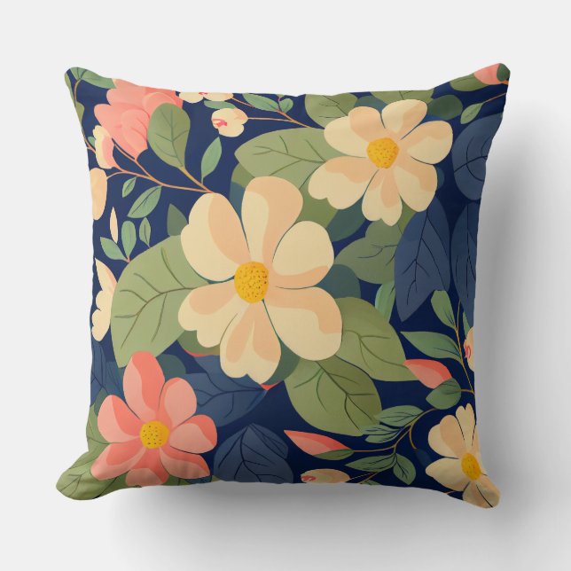 Floral Throw Pillow Navy Peach Pink Botanical Gard (Front)