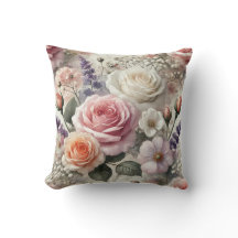 Floral Throw Pillow with Pink and White Roses