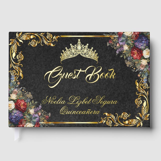 Floral, Tiara & Gold Leaves - Black Guest Book (Front)
