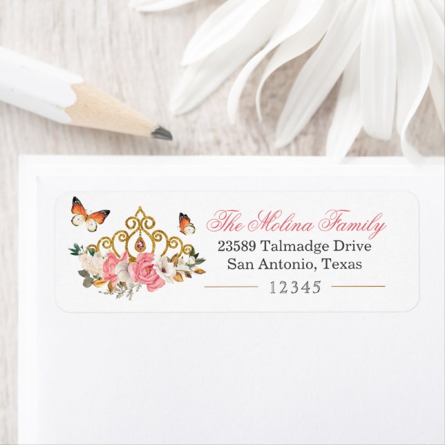 Floral Tiara Pink Butterfly Return Address Label (Insitu)