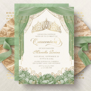 Floral Tiara Sage Green Quinceanera Invitation