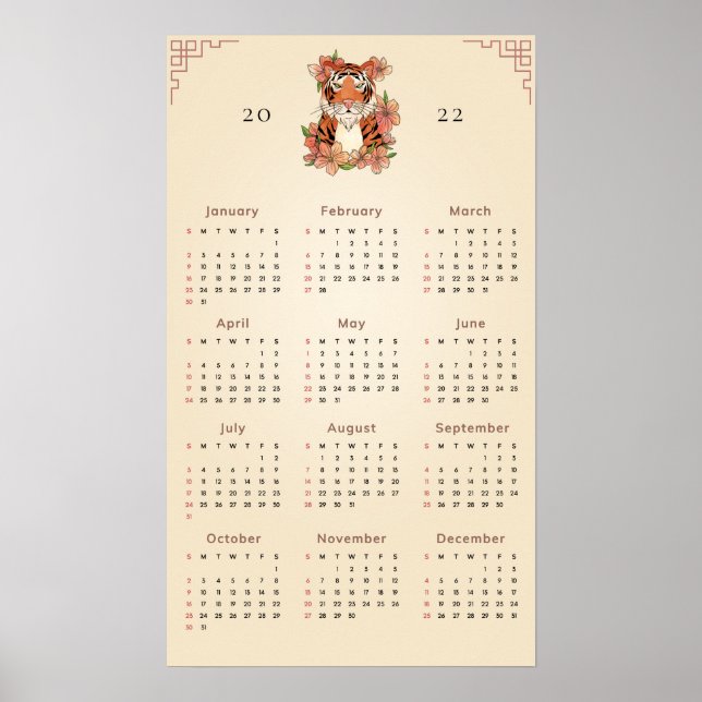 Floral Tiger Chinese New Year 2022 Calendar Sand   Poster (Front)