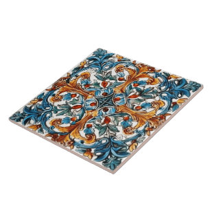 Floral Tile Design in Blue and Gold