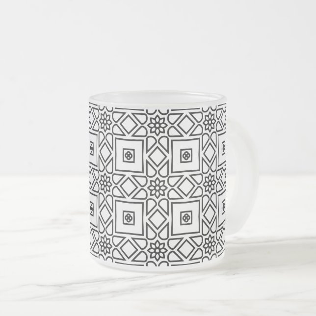 Floral Tile Geometric Pattern Coffee Frosted Glass Coffee Mug (Front Right)