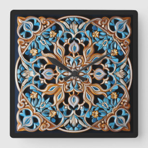 Floral Tile Pattern Faux Ceramic Square Wall Clock