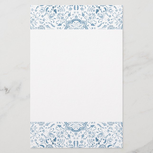 Floral Tile Pattern Vintage Blue Stationery (Front)