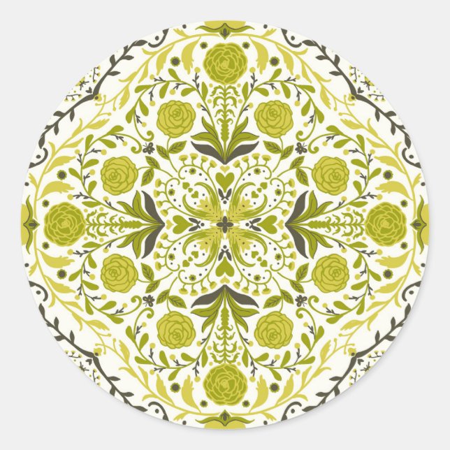 Floral tiles in green classic round sticker (Front)