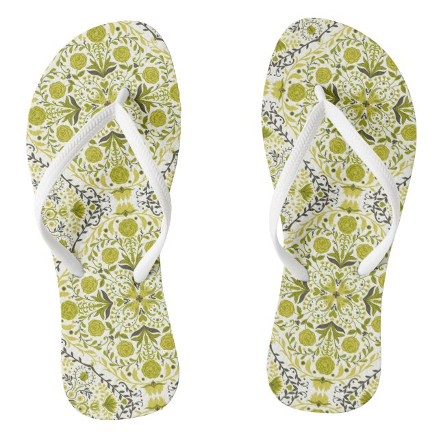 Floral tiles in green flip flops (Footbed)