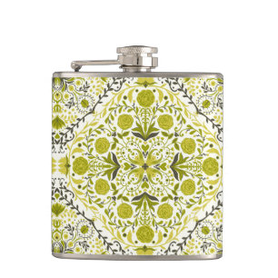 Floral tiles in green hip flask