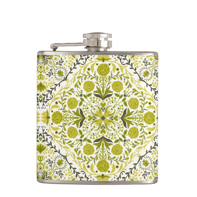 Floral tiles in green hip flask (Front)
