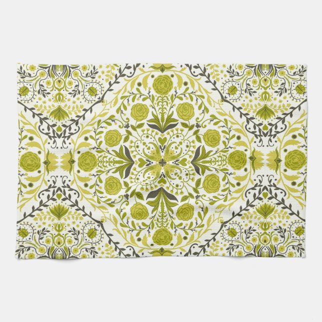 Floral tiles in green tea towel (Horizontal)