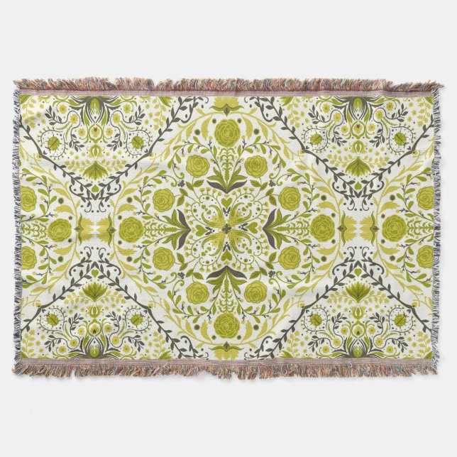 Floral tiles in green throw blanket (Front)