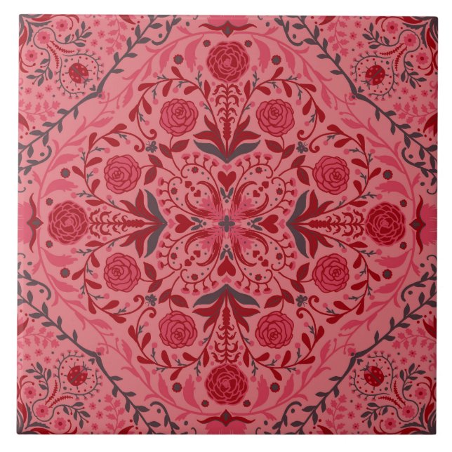 Floral tiles in red and watermelon pink (Front)