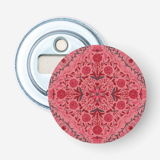 Floral tiles in red and watermelon pink bottle opener (Front)
