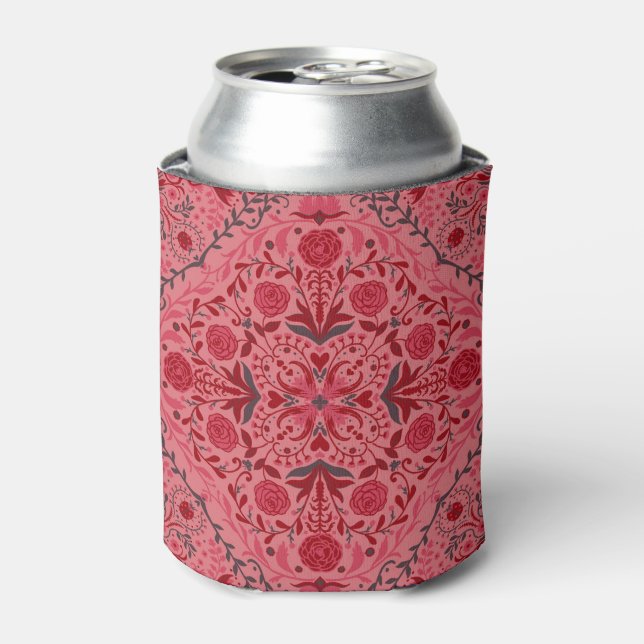 Floral tiles in red and watermelon pink can cooler (Can Front)