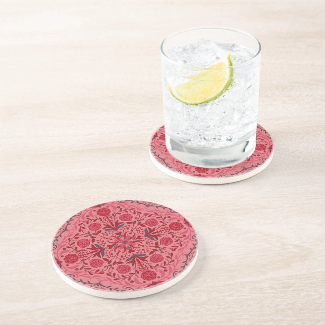 Floral tiles in red and watermelon pink coaster (Side)