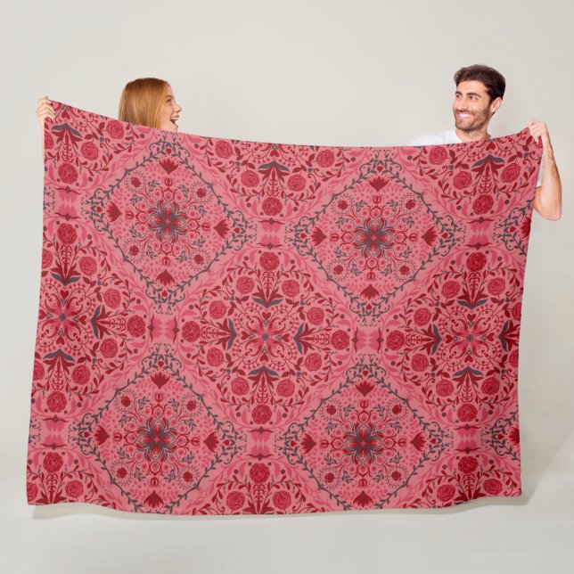 Floral tiles in red and watermelon pink fleece blanket (In Situ)