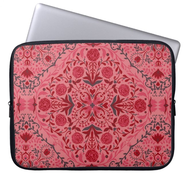 Floral tiles in red and watermelon pink laptop sleeve (Front)