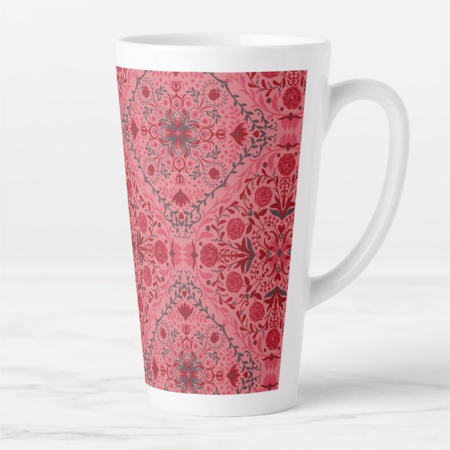 Floral tiles in red and watermelon pink latte mug (Right)