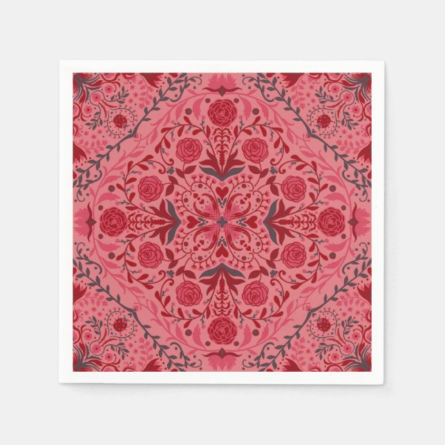 Floral tiles in red and watermelon pink napkin (Front)