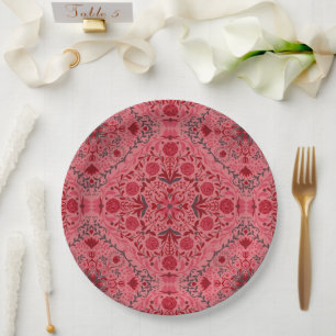 Floral tiles in red and watermelon pink paper plate
