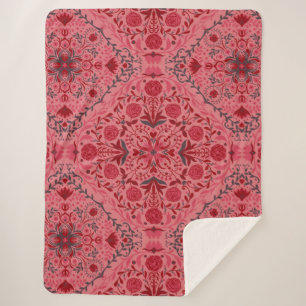 Floral tiles in red and watermelon pink sherpa blanket
