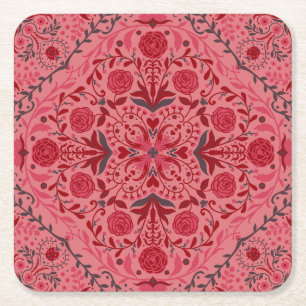 Floral tiles in red and watermelon pink square paper coaster