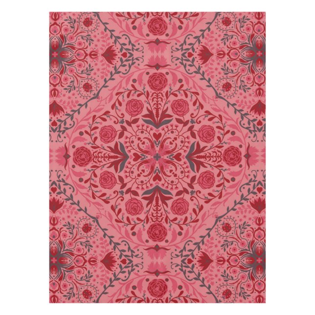 Floral tiles in red and watermelon pink tablecloth (Front)