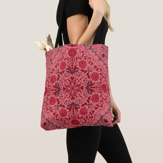Floral tiles in red and watermelon pink tote bag (Close Up)
