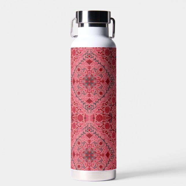 Floral tiles in red and watermelon pink water bottle (Front)