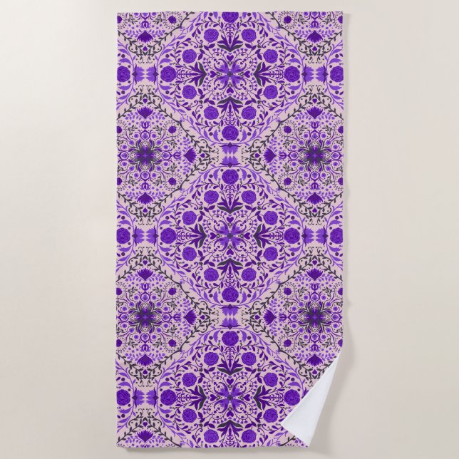 Floral tiles in violet and cotton candy pink beach towel (Front)