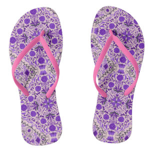 Floral tiles in violet and cotton candy pink flip flops