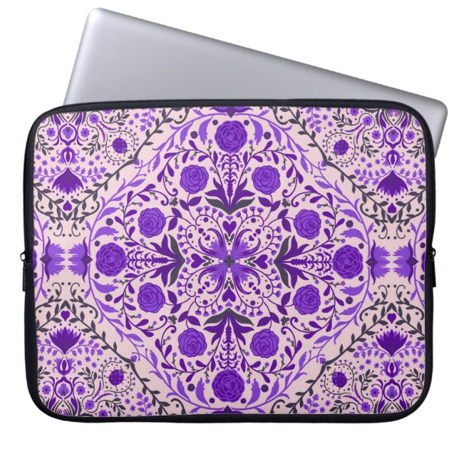 Floral tiles in violet and cotton candy pink laptop sleeve (Front)