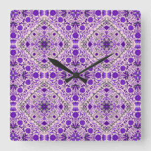Floral tiles in violet and cotton candy pink square wall clock