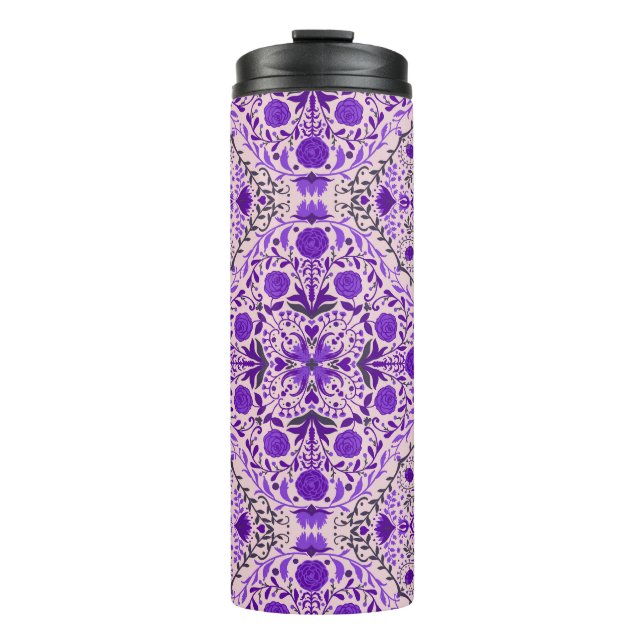 Floral tiles in violet and cotton candy pink thermal tumbler (Front)