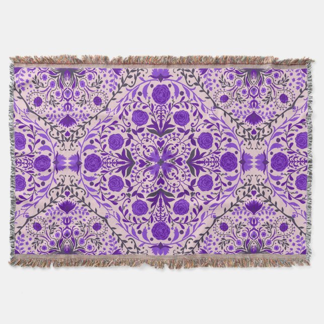 Floral tiles in violet and cotton candy pink throw blanket (Front)