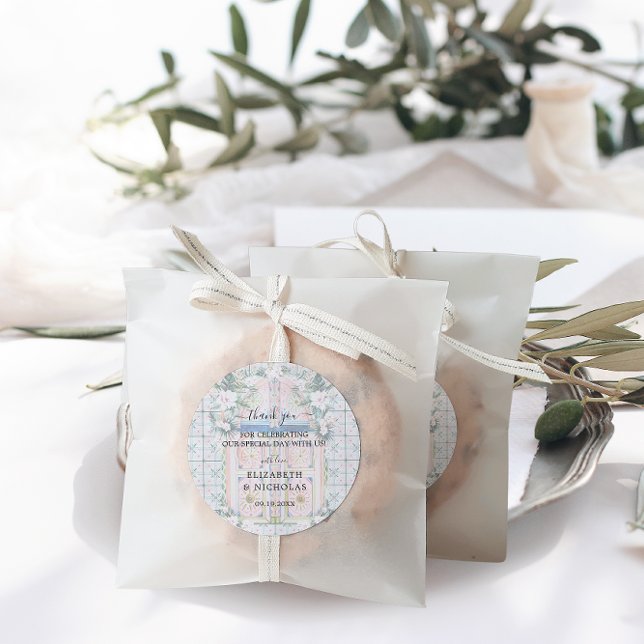 Floral Tiles | Moroccan Tropical Wedding Favour Classic Round Sticker (Creator Uploaded)